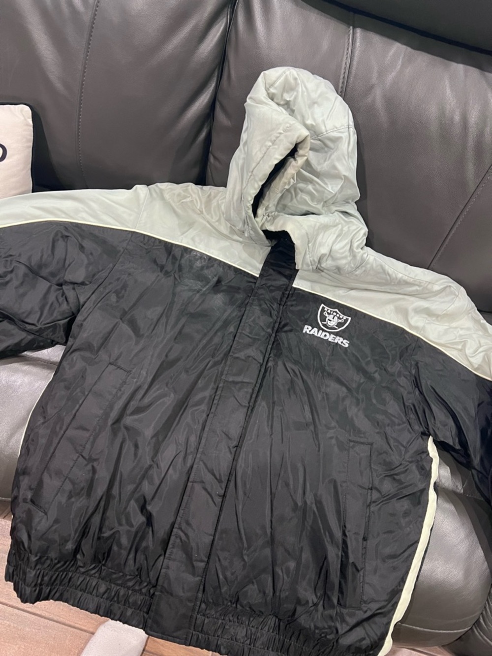 NFL Raiders Black and Gray Hooded Puffer Jacket